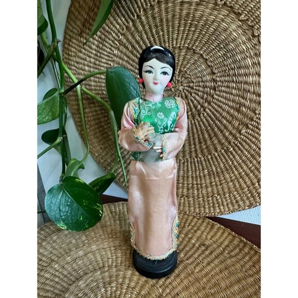 Vintage Asian Fabric Doll on Wood Base - Picture 1 of 12